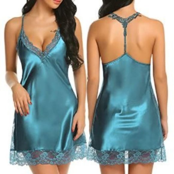SIZE Small Thru 4X - Turquoise Satin Chemise - Picture 3 of 4